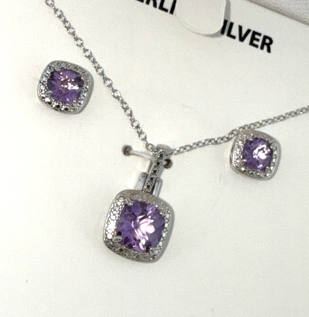 Natural Amethyst 2-1/3ct Diamond Accent Necklace + Earrings Set Sterling Silver